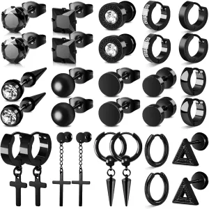 15 Pairs Earrings for Men, Stainless Steel Men Earrings Set Hypoallergenic Cross Dangle Hoop Black Stud Earrings Piercing Jewelry