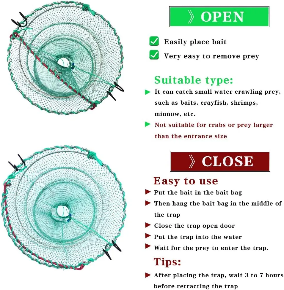 Drasry Foldable Fishing Trap for Bait Shrimp Crawfish Minnow Net Portable Accessories 11.8 x 11.8 x 15.7 (30cm x 40cm) 1/4 in Mesh Collapsible Fish Trap