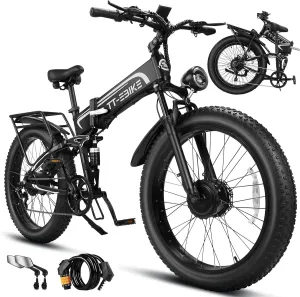 Dual:4350/3000/2350W, Electric Bike Adults 42/40/32 MPH with 52V 28/23AH Battery, 26 inch Fat Tire Mountain E Bike, Full Suspension Folding Ebike, Shim 7-Speed Gear