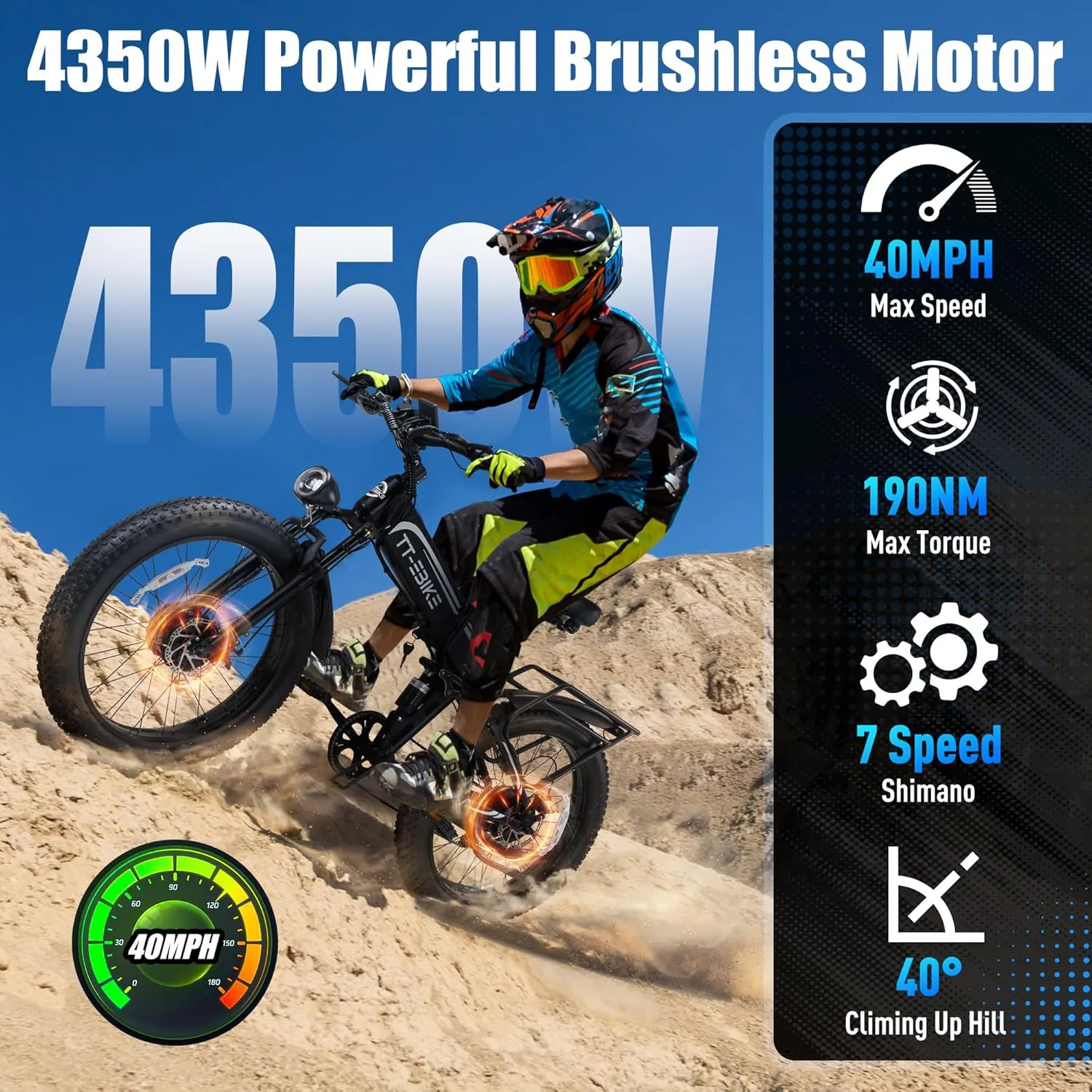Dual:4350/3000/2350W, Electric Bike Adults 42/40/32 MPH with 52V 28/23AH Battery, 26 inch Fat Tire Mountain E Bike, Full Suspension Folding Ebike, Shim 7-Speed Gear