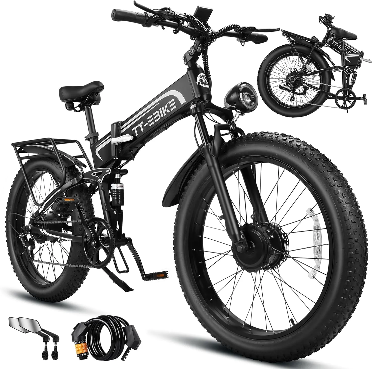 Dual:4350/3000/2350W, Electric Bike Adults 42/40/32 MPH with 52V 28/23AH Battery, 26 inch Fat Tire Mountain E Bike, Full Suspension Folding Ebike, Shim 7-Speed Gear