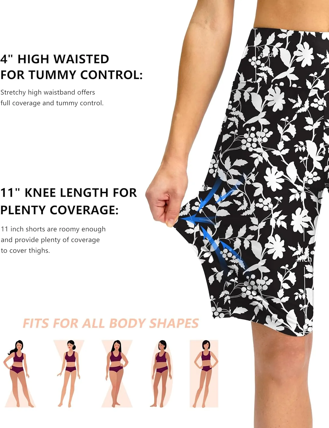 G Gradual Women's 11" Long Swim Board Shorts High Waisted Knee Length Beach Swimming Shorts for Women with Pockets Liner