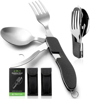 HIKENTURE Camping Utensils with Case 4-in-1 Folding Flatware Stainless Steel Fork Knife Spoon Bottle Opener Travel Cutlery Hobo Multitool Set(Black 2 Pack)