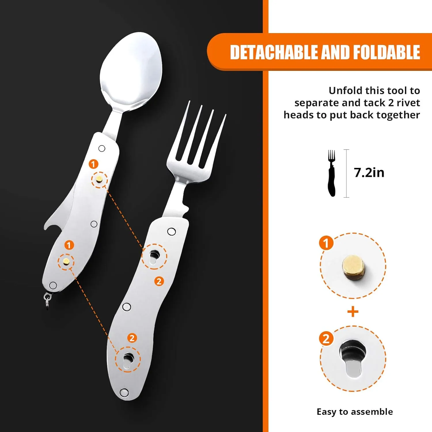 HIKENTURE Camping Utensils with Case 4-in-1 Folding Flatware Stainless Steel Fork Knife Spoon Bottle Opener Travel Cutlery Hobo Multitool Set(Black 2 Pack)