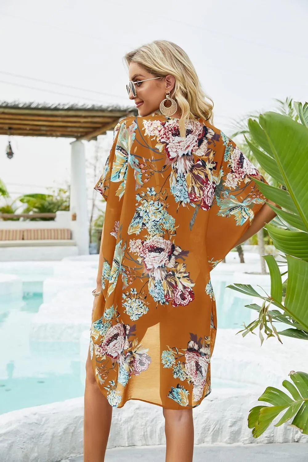 Ivay Womens Floral Kimono Duster Cardigans Short Sleeve Draped Oversized Beach Cover Up Cape