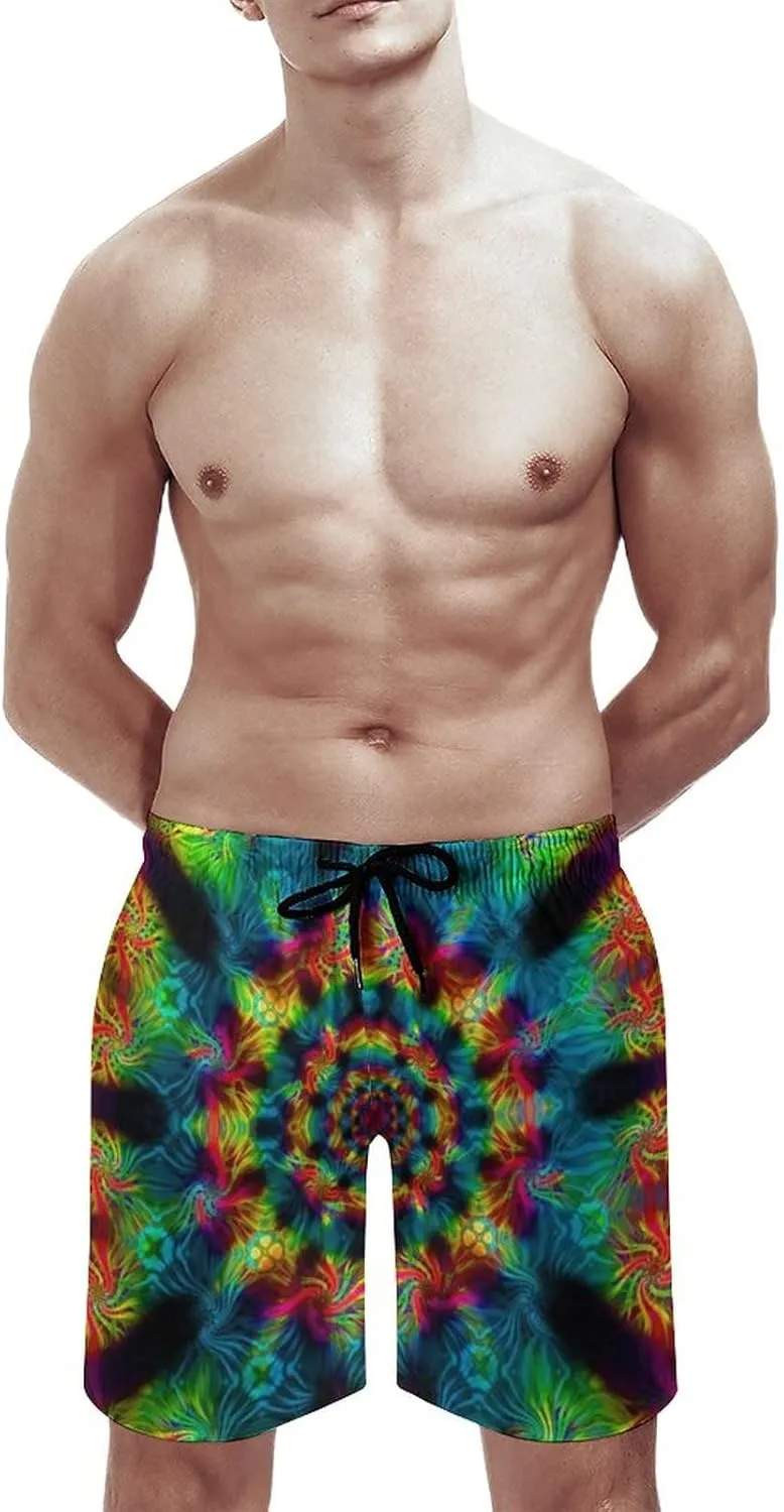 Mens Trippy Psychedelic Swim Trunks Beach Board Shorts with Mesh Lining and Pockets