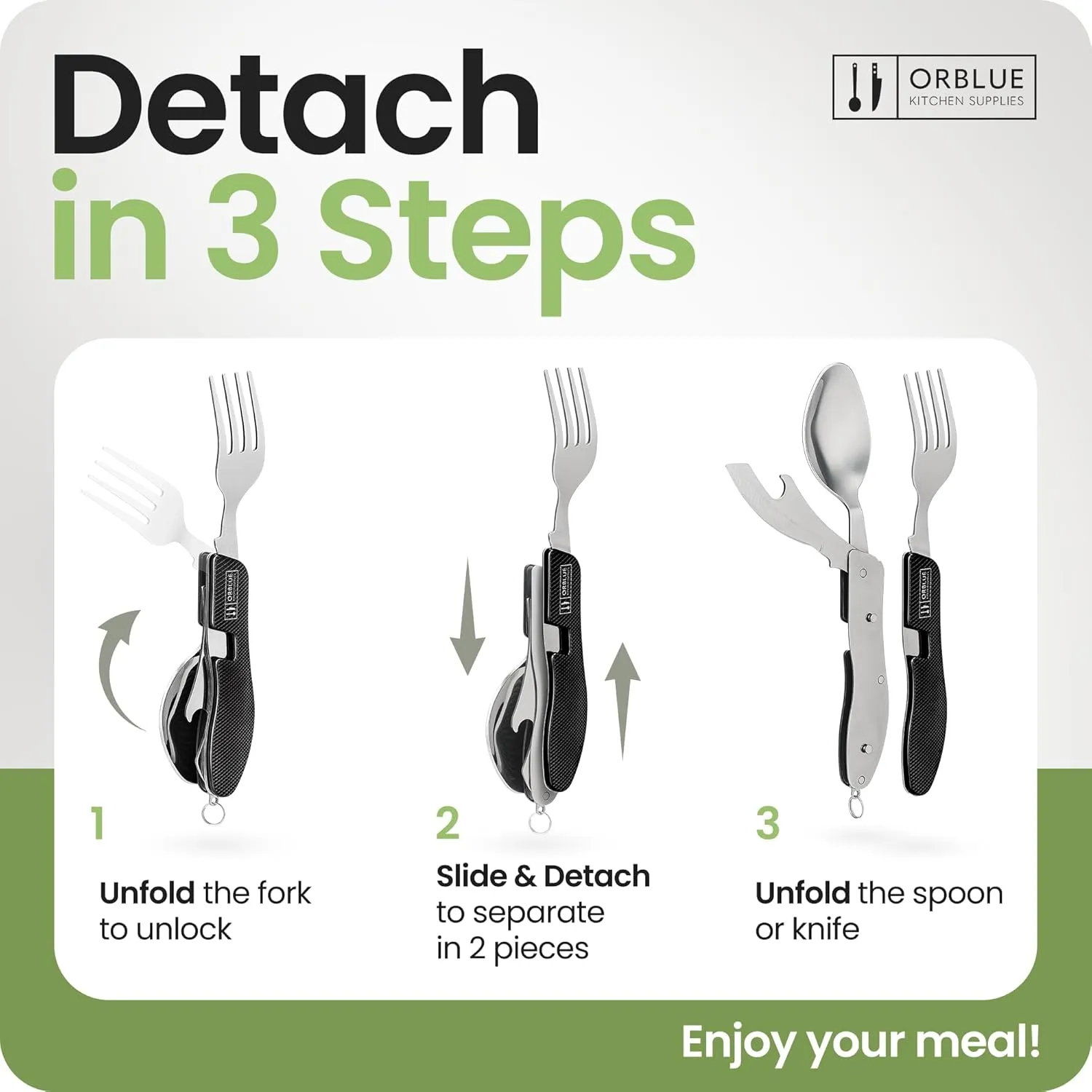 Orblue 4-in-1 Camping Eating Utensils, 2-Pack - Portable Spoon, Fork, Knife & Bottle Opener Combo Set - Stainless Steel Flatware with Detachable Fork - Travel, Backpacking Cutlery Multitool, Black