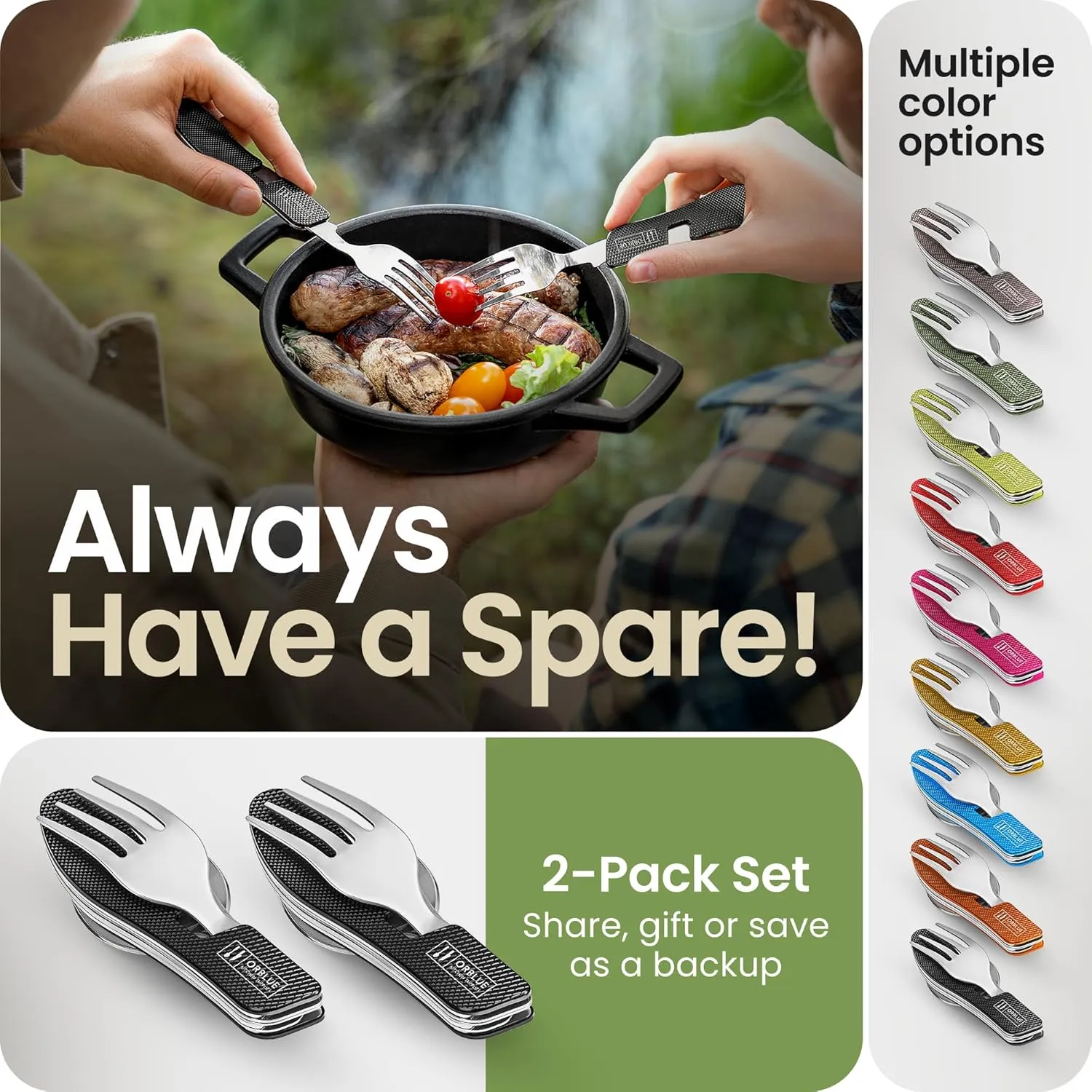 Orblue 4-in-1 Camping Eating Utensils, 2-Pack - Portable Spoon, Fork, Knife & Bottle Opener Combo Set - Stainless Steel Flatware with Detachable Fork - Travel, Backpacking Cutlery Multitool, Black