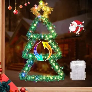 Quntis Metal Christmas Tree with Lights – Color Changing Battery-Powered Christmas Window Lights (30 x 14 Inches), 8 Modes & Timer, Foldable Wall Hanging Holiday Decor for Indoor/Outdoor Use