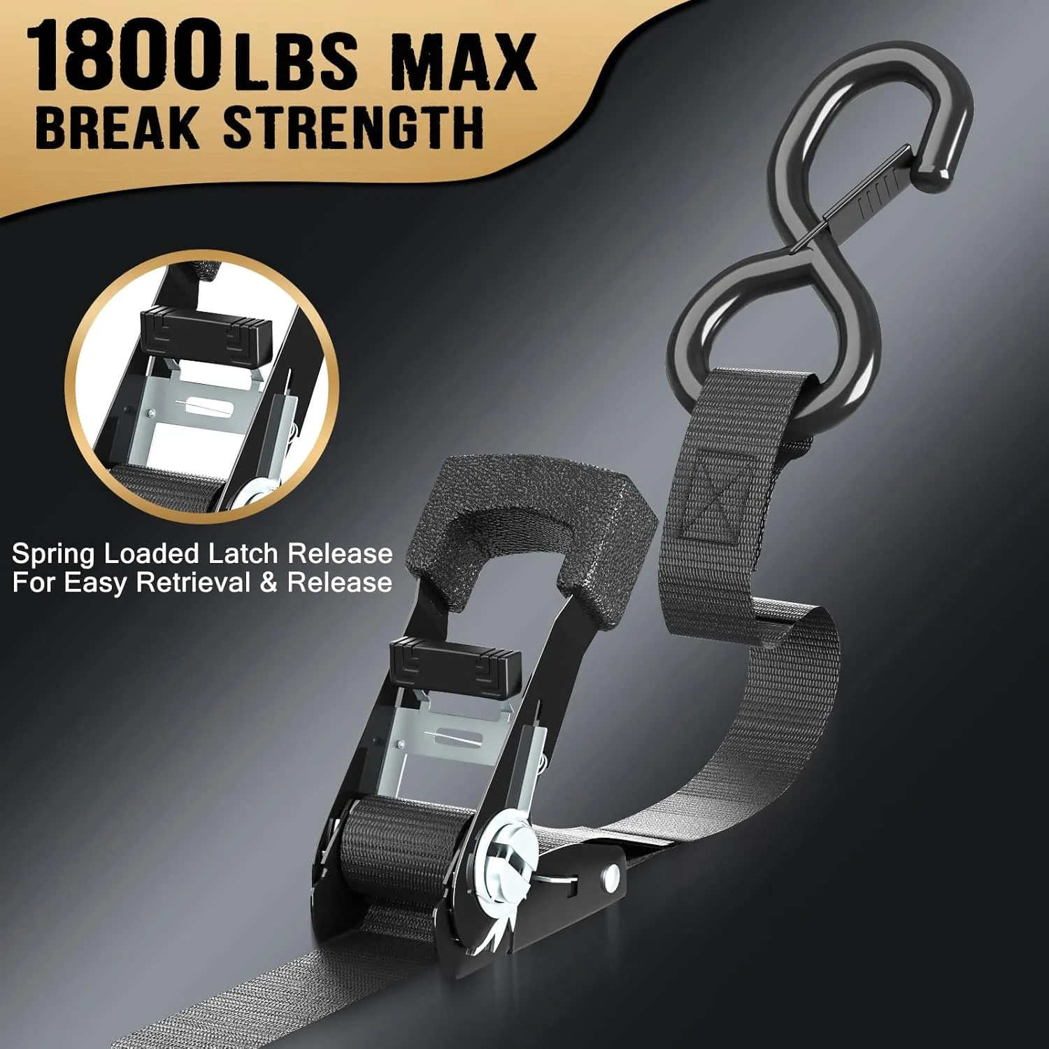 Ratchet Straps with Hook - 1 Inch x 15 Feet (1800 LB Break Strength) Heavy Duty Tie Down Straps with Safety S Hooks & Soft Loops, for Trucks, Cargo, Moving and AppliancesBlack/2 Pack