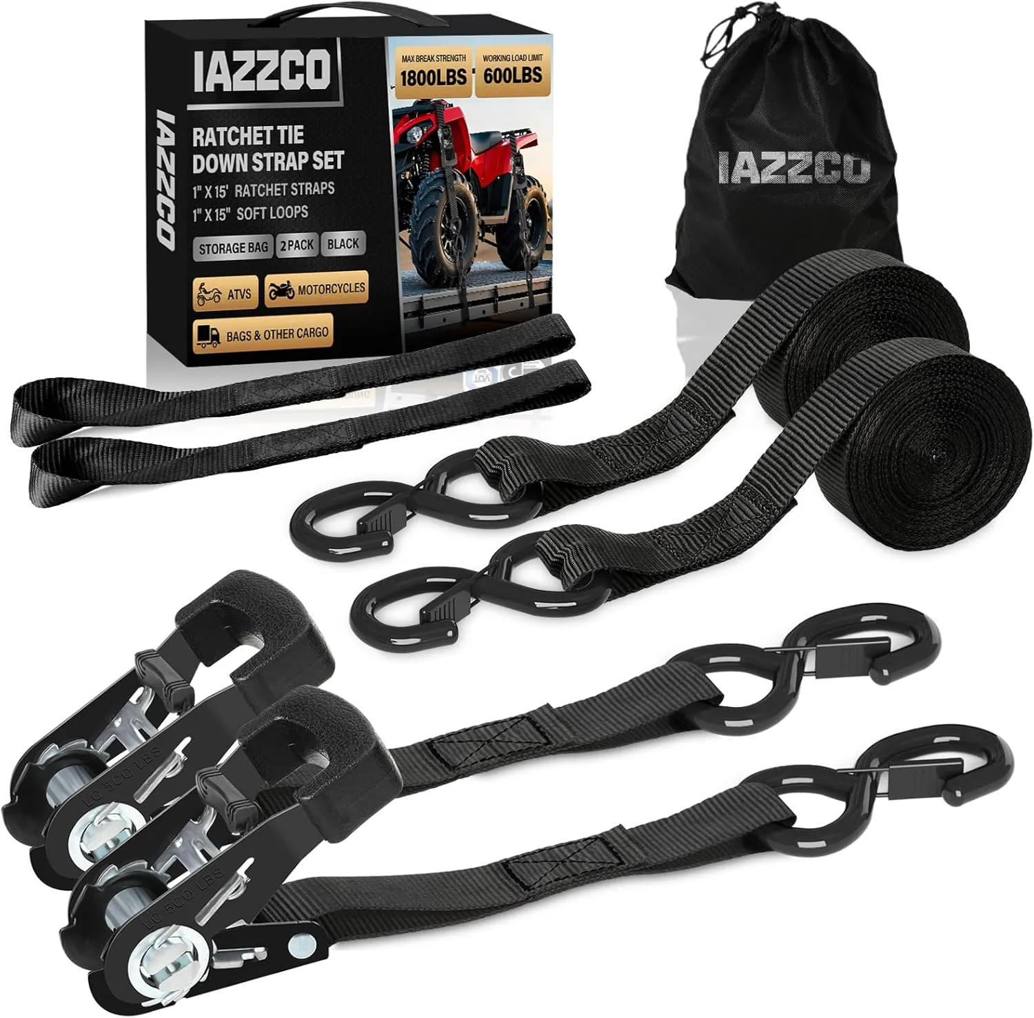 Ratchet Straps with Hook - 1 Inch x 15 Feet (1800 LB Break Strength) Heavy Duty Tie Down Straps with Safety S Hooks & Soft Loops, for Trucks, Cargo, Moving and AppliancesBlack/2 Pack