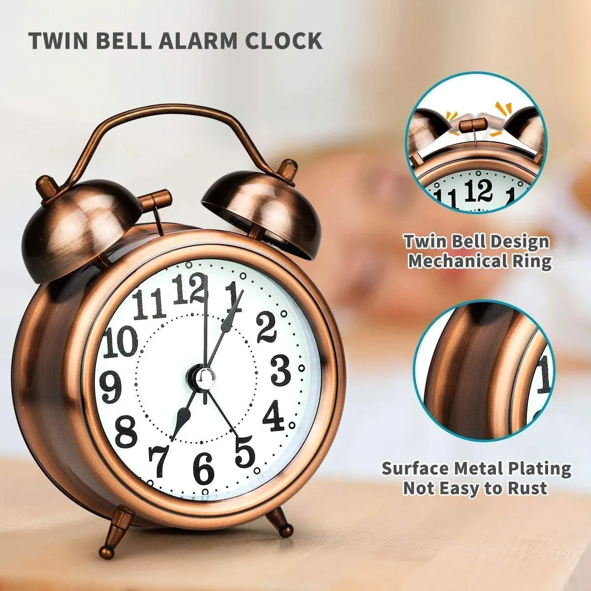 SETON Twin Bell Copper Table Alarm Clock with Night Led Light - Alarm Clock for Student for Kids Bedroom | Alarm Clocks for Heavy Sleepers
